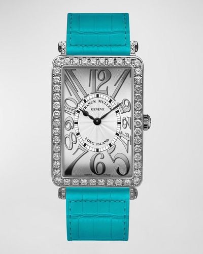 Franck Muller Stainless Steel Long Island Diamond Bezel Watch With Alligator Strap - Blue