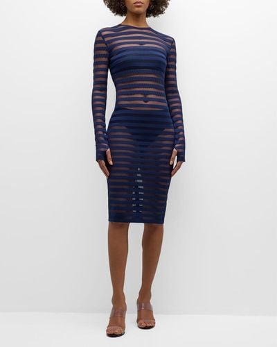 Norma Kamali Semi-Sheer Striped Long-Sleeve Dress - Blue
