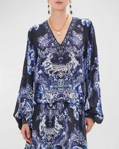 Camilla V-Neck Blouson-Sleeve Printed Silk Blouse - Blue