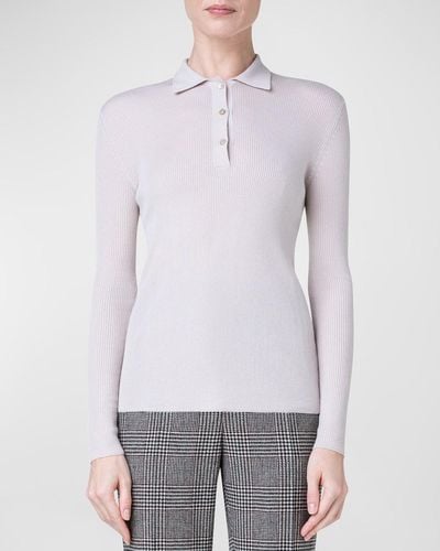 Akris Cashmere Blend Ribbed Knit Collared Pullover - Gray