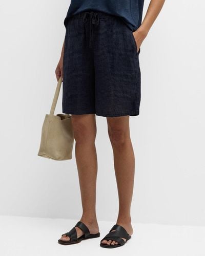 Eileen Fisher Puckered Check Organic Linen Shorts - Blue