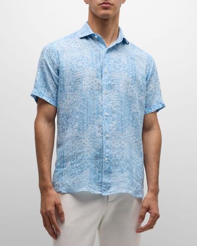 Peter Millar Lian Linen Short-Sleeve Sport Shirt - Blue