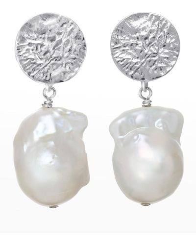 Margo Morrison Baroque Pearl Earrings With Sterling Hammered Top - White