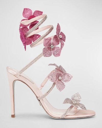 Rene Caovilla Floraine Crystal Flowers Ankle-Wrap Sandals - Pink
