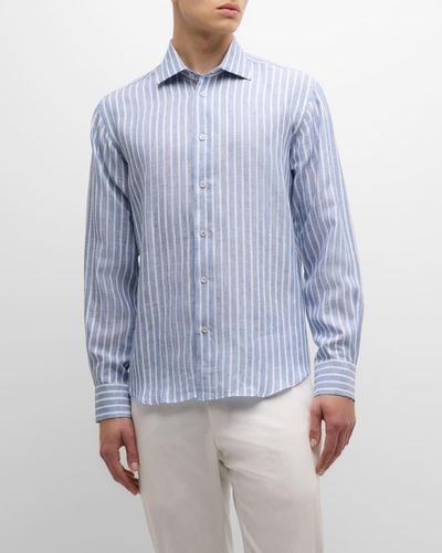 Baldassari Linen Stripe Casual Button-Down Shirt - Blue