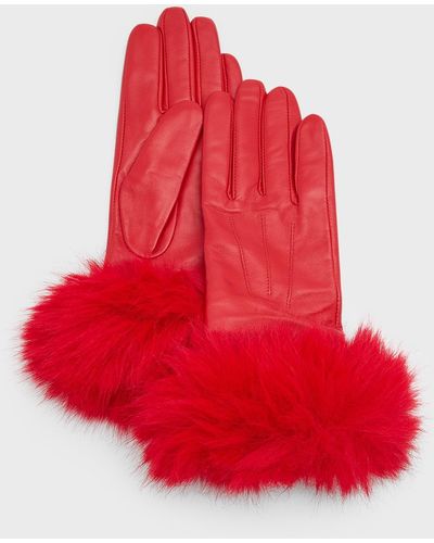 Sofiacashmere Leather & Cashmere Gloves With Faux Fur Cuffs - Red