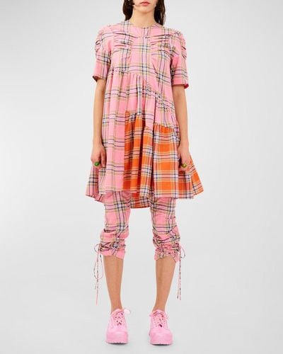 Collina Strada Arc Plaid Ruched A-Line Dress - Red