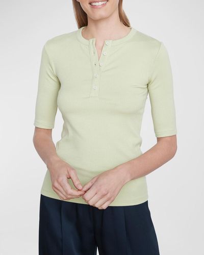 Vince Ribbed Elbow-Sleeve Henley Top - Natural