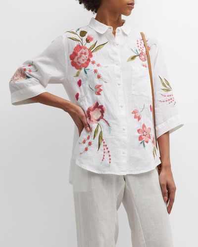 Johnny Was Joya Floral-embroidered Button-down Linen Shirt - White