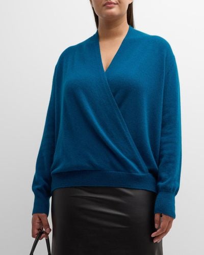 Neiman Marcus Plus Size Cashmere Faux Wrap Sweater - Blue