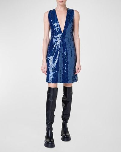 Akris V-Neck Short Dress With Liquid Paillette Detail - Blue