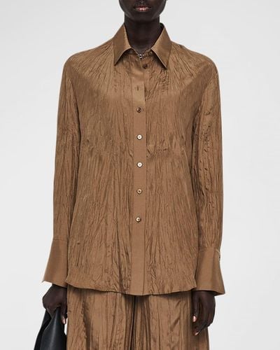 JOSEPH Bercy Crinkled Button-Down Silk Blouse - Brown