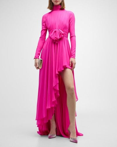 Giambattista Valli Gathered Bow-Front Arch-Slit Long-Sleeve Gown - Pink