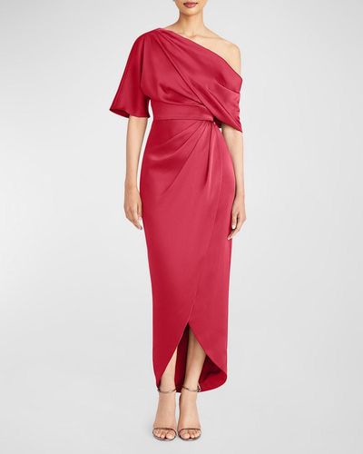 THEIA Rayna Draped One-Shoulder High-Low Gown - Red