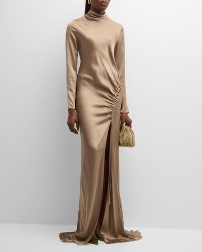 LAPOINTE Long-Sleeve Ruched Slit-Hem Double-Face Satin Bias Gown - Natural