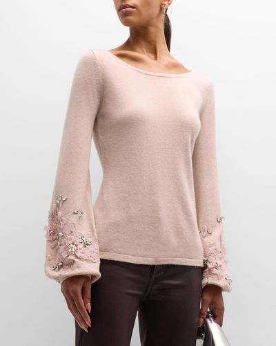 Neiman Marcus Cashmere Sweater With Embellished Bell Sleeves - Pink