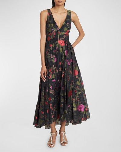 Erdem Plunging Pleated Floral Jacquard Sleeveless Tea-Length Dress - Multicolor