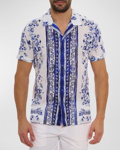 Robert Graham Corfu Linen-Cotton Camp Shirt - Blue