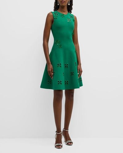 Oscar de la Renta Flower Embroidered Sleeveless Fit-&-Flare Dress - Green