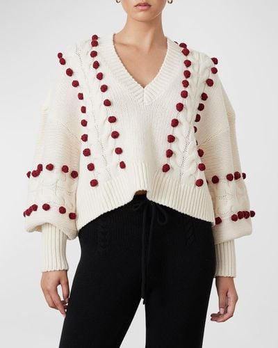 Joslin Studio Elsa Cable-Knit Blouson-Sleeve Pompom Sweater - Natural