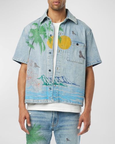 Hudson Jeans Palm Embroidered Denim Camp Shirt - Blue