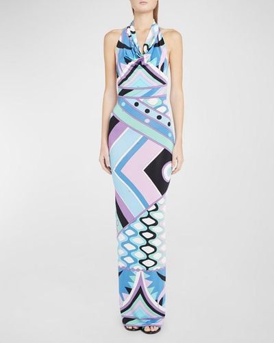 Emilio Pucci Abstract-Print Backless Halter Maxi Dress - Blue