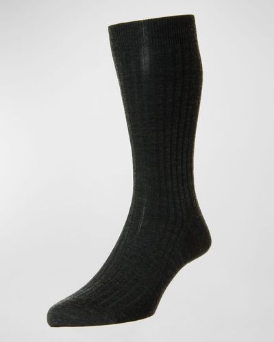 Pantherella Solid Wool Half-Calf Socks - Black