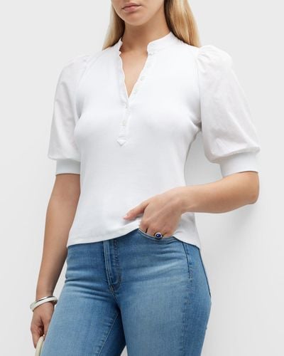 Veronica Beard Coralee Puff Sleeve Button-Front Top - White