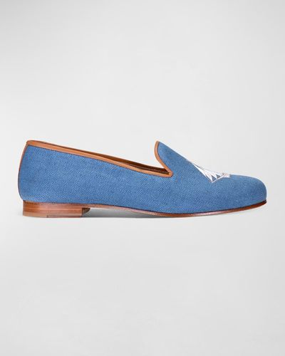 Stubbs And Wootton Embroidered Sailboat Linen Smoking Slippers - Blue