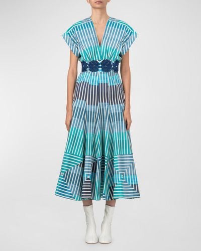 Silvia Tcherassi Adila Striped Midi Dress With Floral Embroidery - Blue