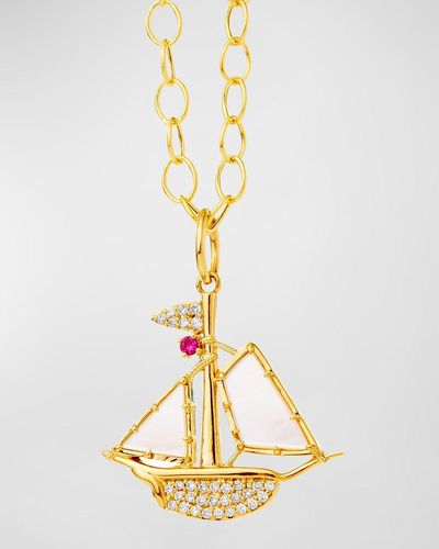 Syna 18k Yellow Gold Boat Charm Pendant Necklace With Mother Of Pearl, Ruby, And Diamonds - Metallic