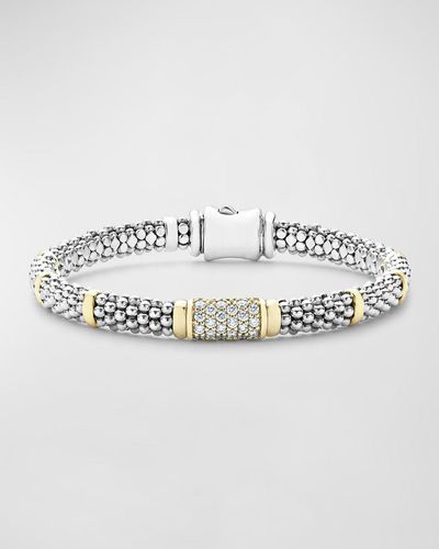 Lagos 6mm 18k Gold Station On Sterling Silver Caviar Bead Bracelet With Pavé Diamonds - Metallic