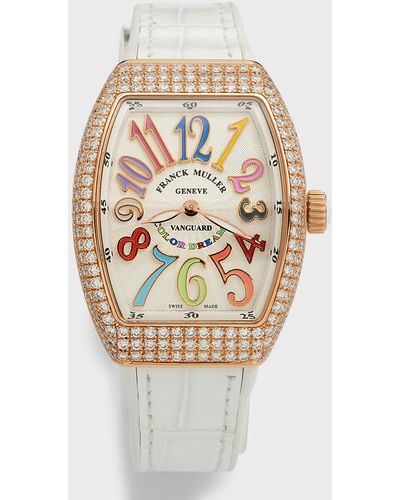 Franck Muller Vanguard 32mm 18k Rose Gold Color Dreams Diamond-bezel Watch W/ Alligator Strap, White - Multicolor
