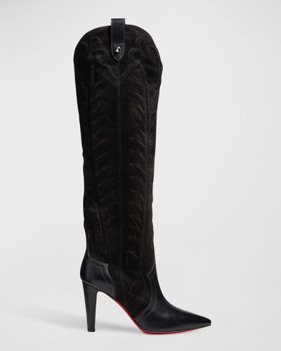 Christian Louboutin Santia Botta Mixed Leather Red Sole Boots - Black