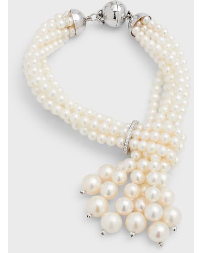 Utopia Six-strand Pearl Tassel Bracelet With Diamonds - White