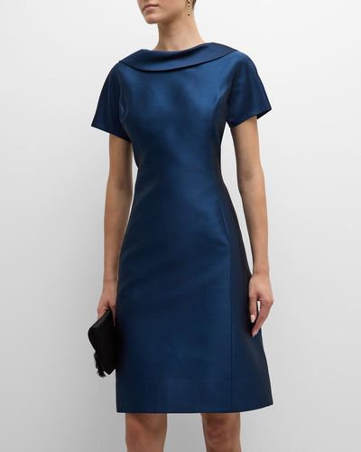 Teri Jon Short-Sleeve A-Line Gazar Midi Dress - Blue