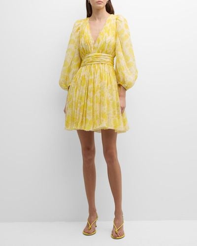 Giambattista Valli Floral-Print Balloon-Sleeve Silk Georgette Mini Dress - Yellow