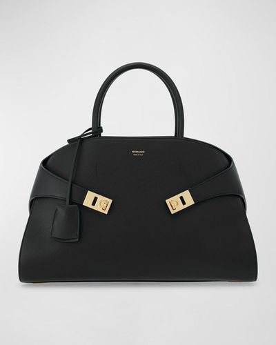 Ferragamo Hug Gancini Medium Leather Top-Handle Bag - Black