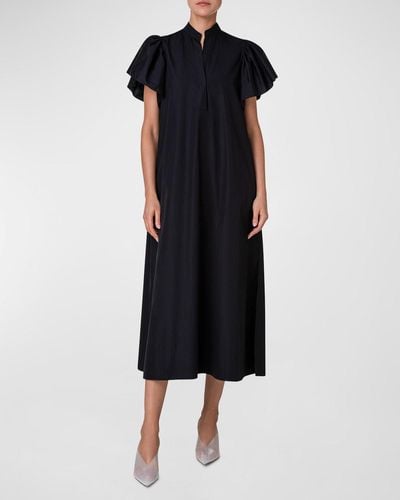 Akris Punto Mandarin-collar Flutter-sleeve Cotton Popeline Midi Dress - Black