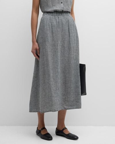 Eileen Fisher Crinkled Gingham Organic Linen Midi Skirt - Gray