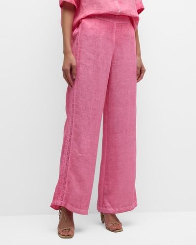 120% Lino Embroidered Wide-Leg Linen Pants - Pink