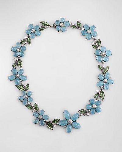 Cicada Jewelry Diamond, Garnet, And Aquamarine Flower Necklace - Blue