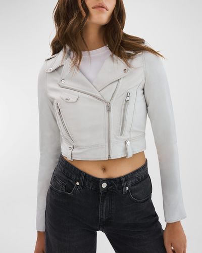 Lamarque Ciara Leather Cropped Biker Jacket - Gray