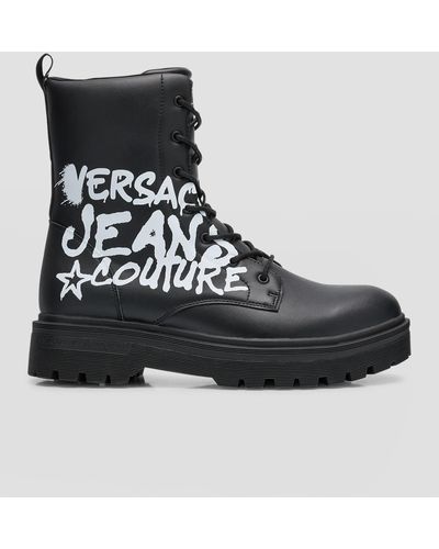 Versace Jeans Couture Syrius Graffiti Logo Leather Combat Boots - Black