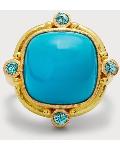 Elizabeth Locke 19k Square Cushion Sleeping Beauty Turquoise Ring, Size 6.5 - Blue