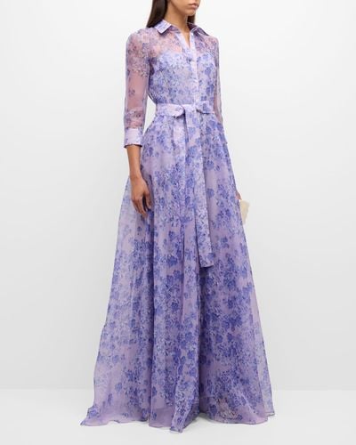 Carolina Herrera Floral Print Trench Gown With Tie Belt - Purple