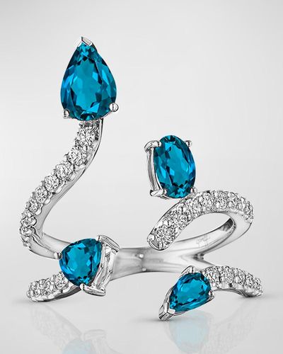 Hueb 18k Mirage White Gold Ring With Vs/gh Diamonds And Four Blue Topazes