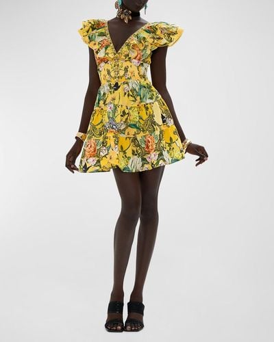 Camilla Tiered Neck Frill Floral Cotton Mini Dress - Yellow