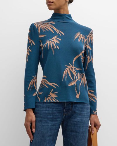 Misook Botanical-print Knit Mock-neck Tunic - Blue