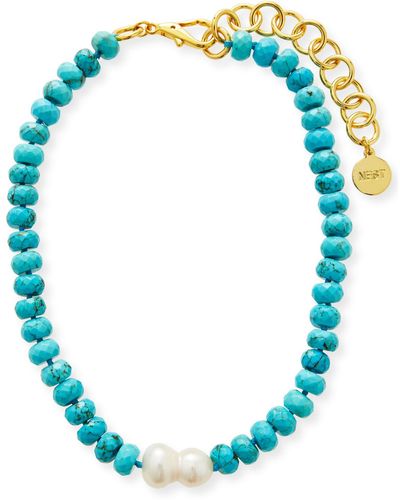 Nest Bead And Single Baroque Pearl Short Necklace - Blue